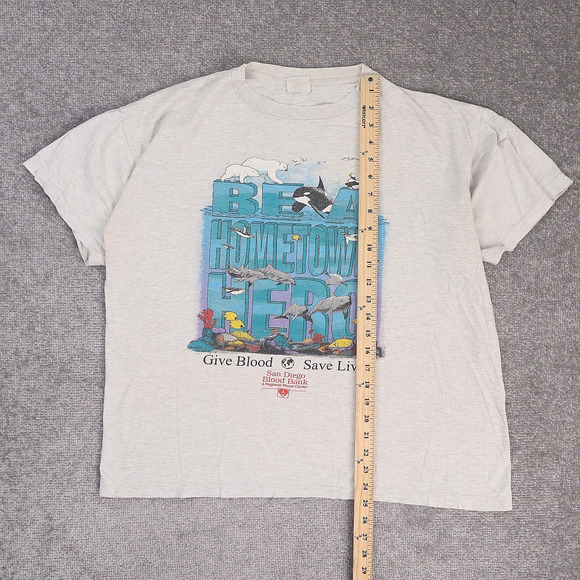 VTG 90s Ocean Whales Orcas Give Blood XL Gray Short Sleeve T-Shirt - Picture 3 of 9